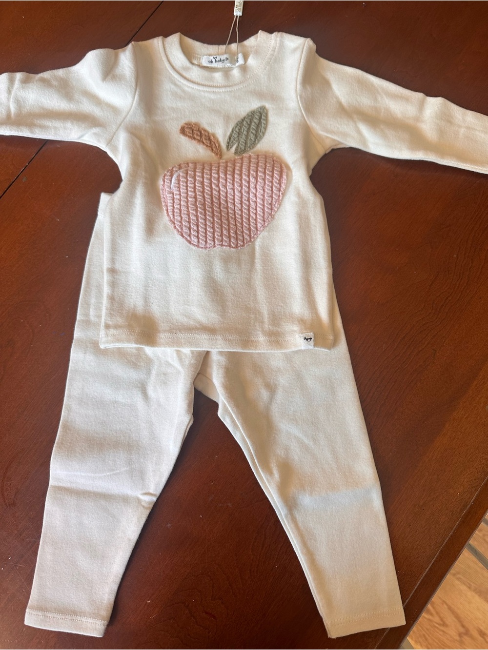 Oh Baby!!Neutral Baby Knit Set with Pink Apple Applique. 3/6 mo. NWT